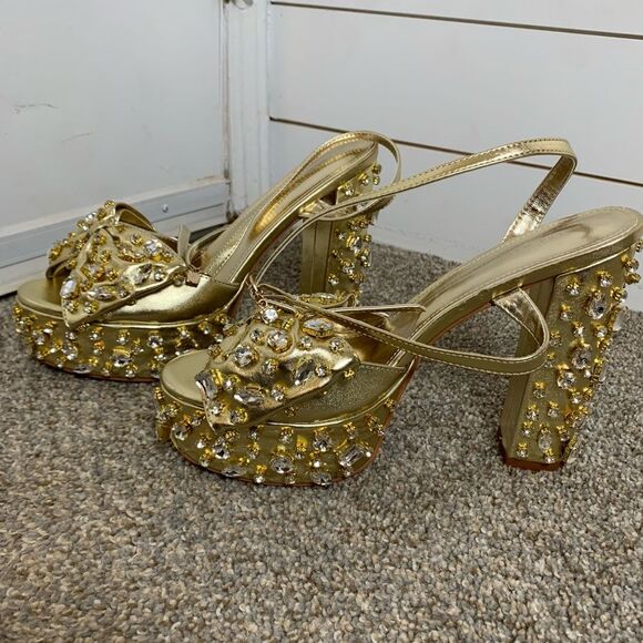 Azalea Wang MAYA-GOLD rhinestone PLATFORM HEELED SANDAL woman’s size 11 - Picture 4 of 10